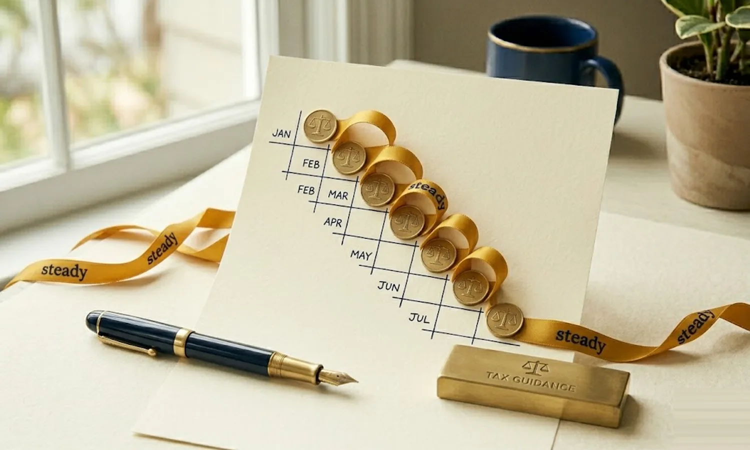 Seven brass coins arranged in a staircase pattern on monthly grid lines with a mustard ribbon connecting them — dollar-cost averaging steady investment approach.