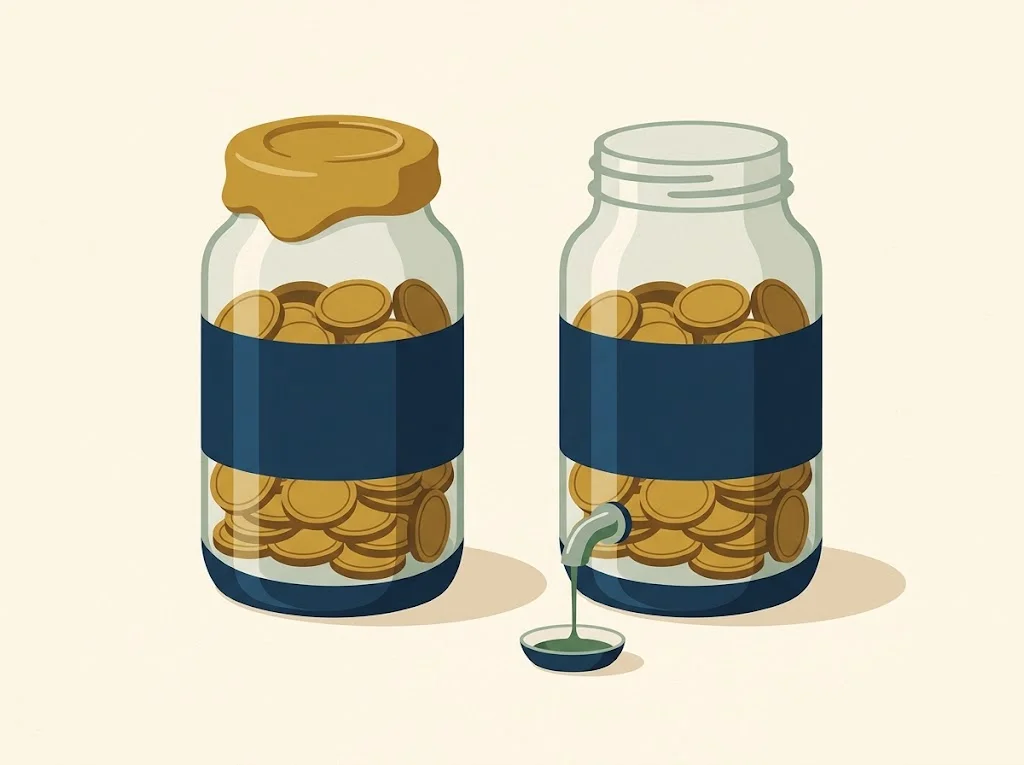 Two fund containers on cream paper — the left sealed with a mustard wax seal and no leak, the right dripping a small sage distribution — ETF versus index fund tax efficiency.