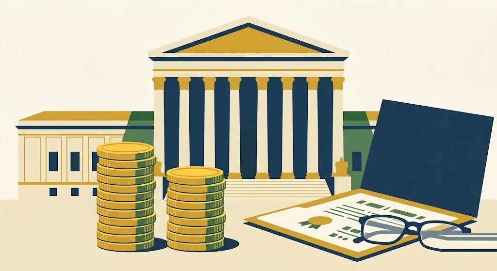 A columned federal building behind two stacks of gold coins of slightly different heights, a retirement folder and reading glasses on the desk — the 2027 FERS and CSRS cost-of-living adjustments compared.