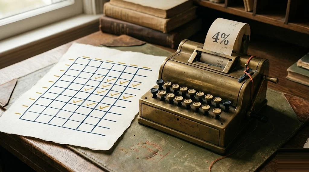 Vintage brass desk calculator displaying "4%" on its paper tape beside a 30-row hand-drawn calendar grid with mustard tick marks — the FIRE 4% safe-withdrawal rule explained.