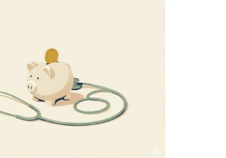 Cream porcelain piggy bank with a mustard-gold coin balanced on its back and a sage-green stethoscope coiled beside it — the HSA as a stealth retirement account with triple-tax-advantaged math.