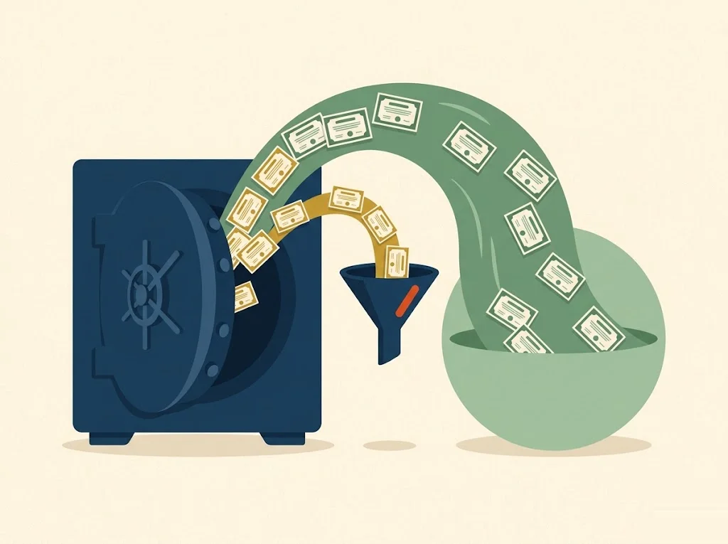 Company stock leaves a navy 401(k) vault as two streams: a small mustard slice of cost basis taxed as income and a large sage wave of net unrealized appreciation routed to capital-gains treatment — the NUA election.