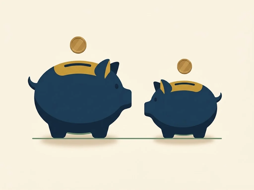 Two navy piggy banks side by side on cream paper, the larger left one for the Roth 401(k) and a smaller right one for the Roth IRA, each with a mustard coin slot — Roth 401(k) versus Roth IRA.