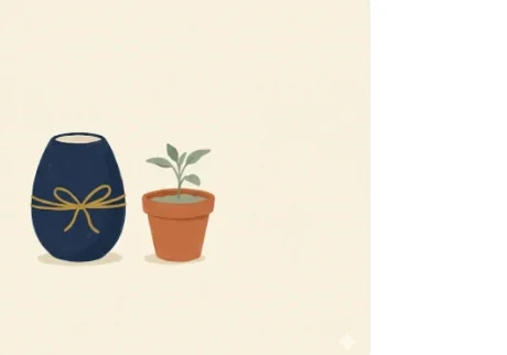 Small deep-navy ceramic egg-shaped vessel tied around its middle with mustard ribbon beside a sage seedling in a terracotta pot — Roth IRA contributions, limits, and qualified withdrawals explained.