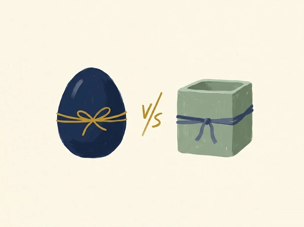 Two ceramic vessels side by side — a navy egg with mustard ribbon (Roth) and a sage cube with navy ribbon (Traditional) — separated by a fountain-pen "vs" mark — Roth IRA versus Traditional IRA bracket math.