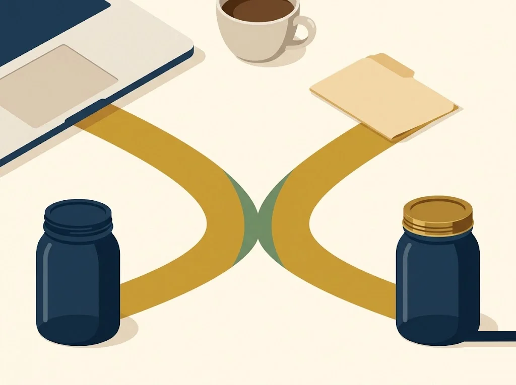 A self-employed desk on cream paper with two diverging brass paths leading to two retirement jars — SEP IRA versus solo 401(k) for the self-employed.