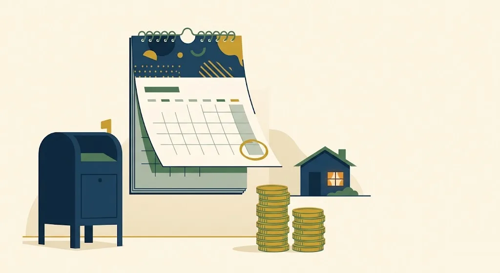 A navy mailbox beside a wall calendar turning from December to January with the last day of December circled in gold and a rising stack of gold coins — the 2027 SSI payment amount and the December 31 payment date.