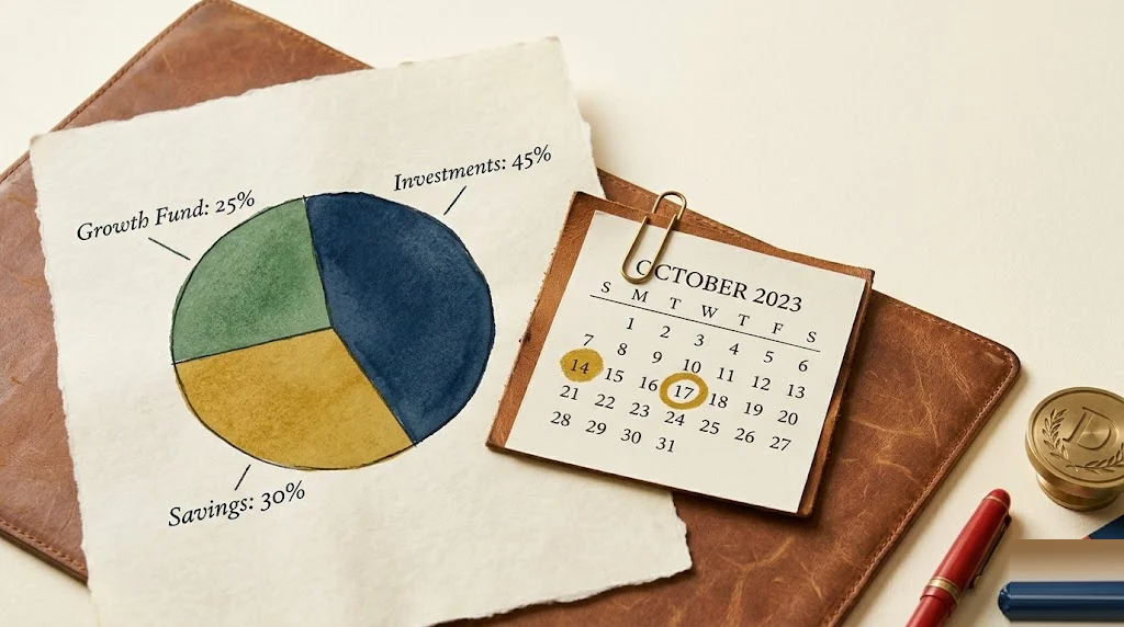 Hand-drawn portfolio pie chart on parchment with navy, mustard, and sage wedges beside a calendar with a target date circled — target-date fund versus three-fund portfolio comparison.