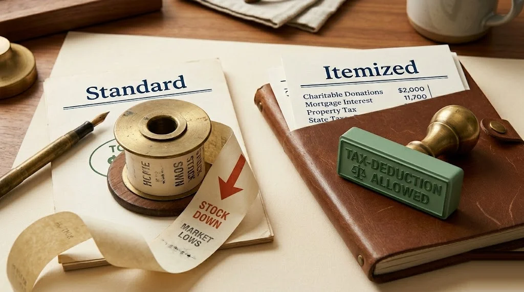 Vintage stock ticker-tape spool with a printed downward red arrow on the unfurled paper beside a sage-green tax-deduction stamp — tax-loss harvesting mechanics in a taxable brokerage account.