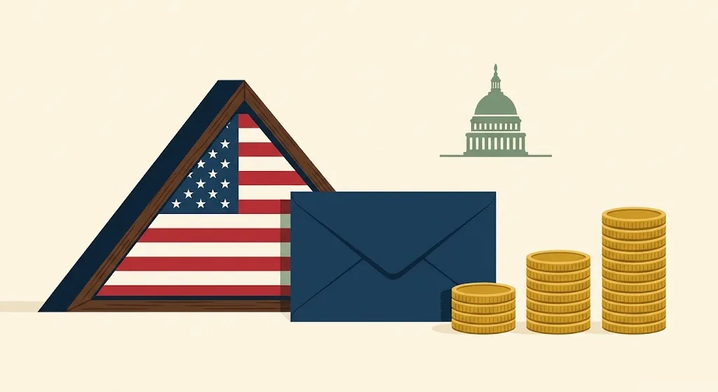 A folded American flag in a triangle case beside a navy envelope and a rising row of gold coin stacks, with the Capitol dome behind — the projected 2027 VA disability compensation rates and the COLA bill in Congress.