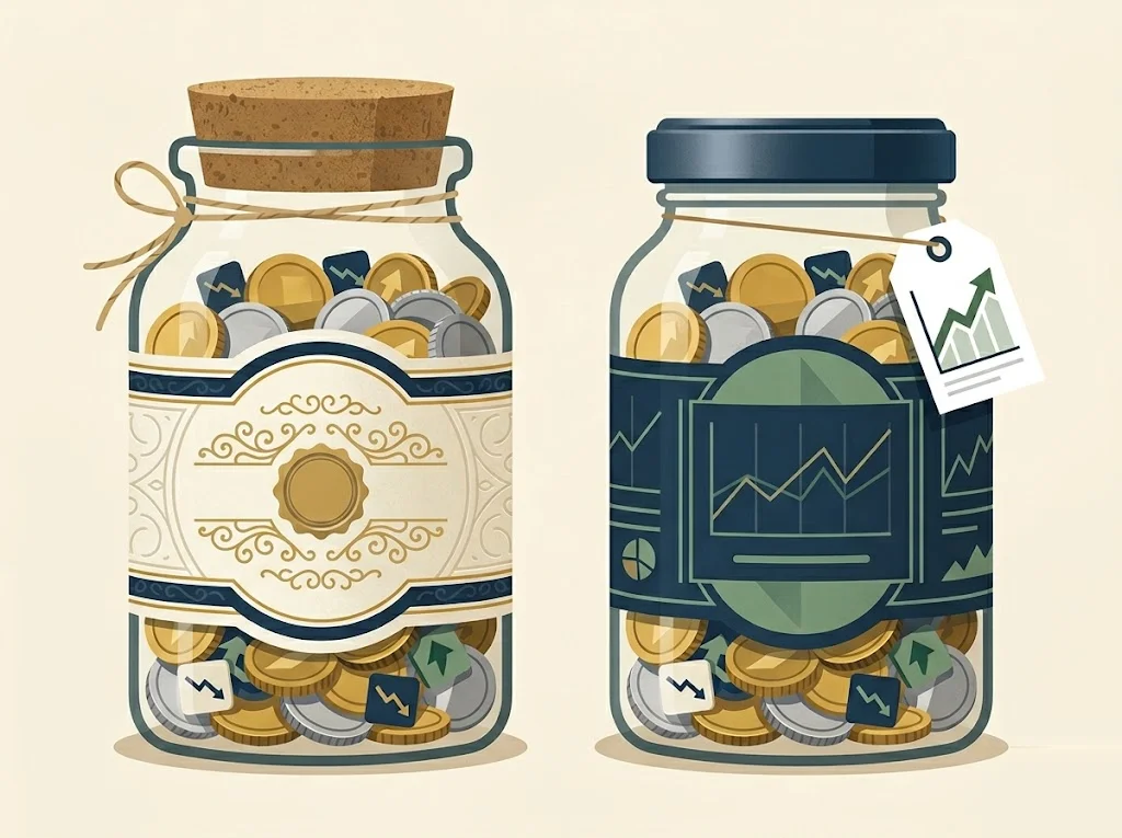 Two identical glass jars of the same coins on cream paper, one labeled a mutual fund and the other an exchange-traded ETF — VTSAX and VTI hold the same index in different wrappers.