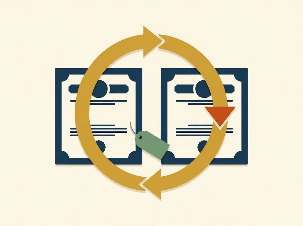 Two identical share certificates joined by a circular arrow, with a loss tag sliding into the second — reporting a wash sale on Form 8949 with code W and a positive column (g) adjustment.