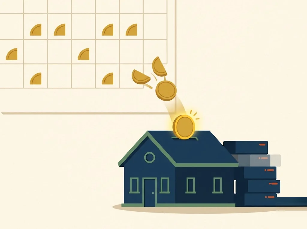 Half coins on a calendar merge into a thirteenth full payment dropping into a house-shaped bank as the debt stack shrinks — the biweekly mortgage payment effect.
