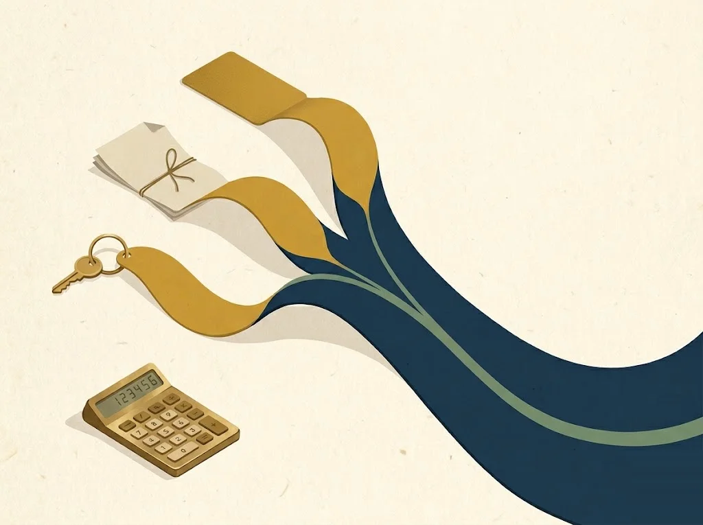 Three debt sources — a credit card, a bank loan document, and a house key — merging as mustard ribbons into one navy channel on cream paper, illustrating debt consolidation methods.