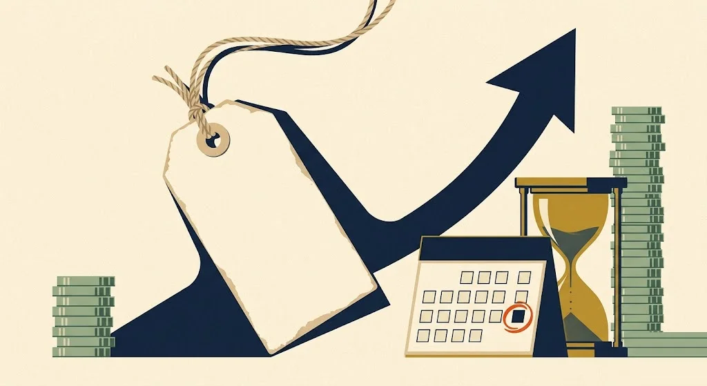 A blank paper price tag whose long navy shadow curves sharply up past a red-circled calendar date, beside a near-empty mustard hourglass — the deferred-interest same-as-cash retroactive-interest trap.