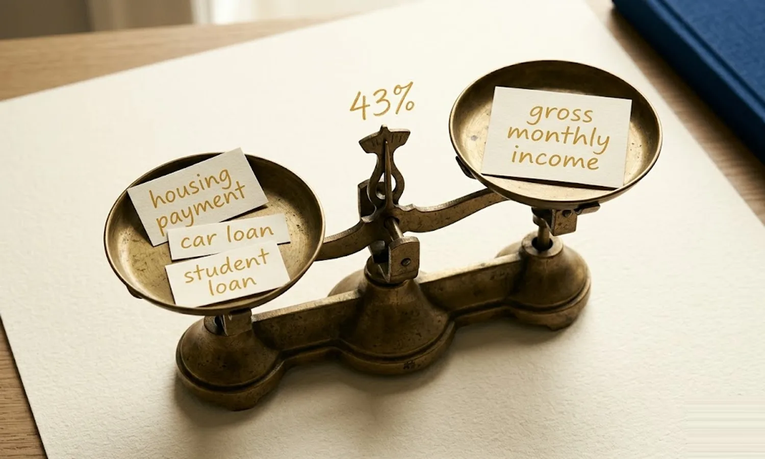 Vintage brass balance scale on cream paper with debt labels on the left pan, gross monthly income on the right, and 43 percent handwritten in mustard above — mortgage DTI qualification explained.