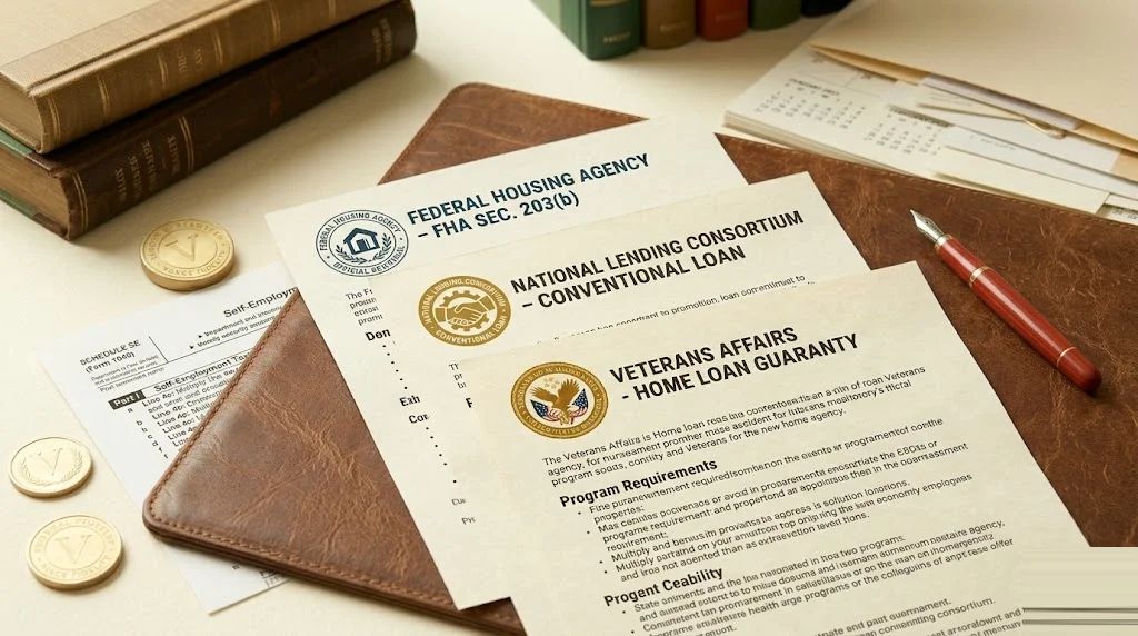 Three mortgage program documents fanned on a leather desk pad, each marked with a different official agency seal in navy and mustard — FHA versus conventional versus VA mortgage comparison.