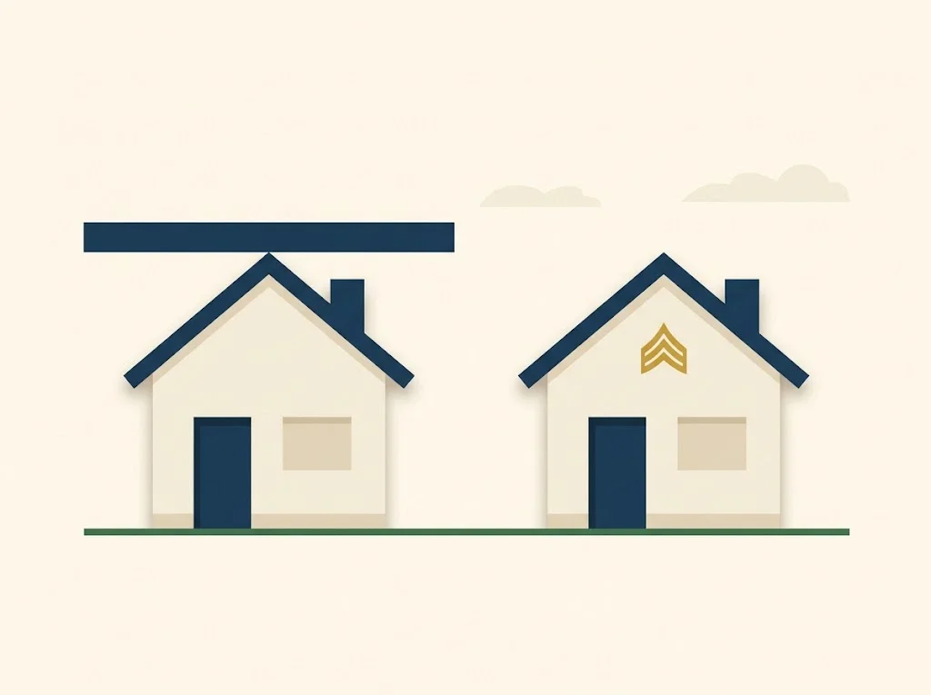 Two houses on cream paper, the left under a low county-cap ceiling and the right open to the sky with a small military badge — FHA versus VA loan limits.