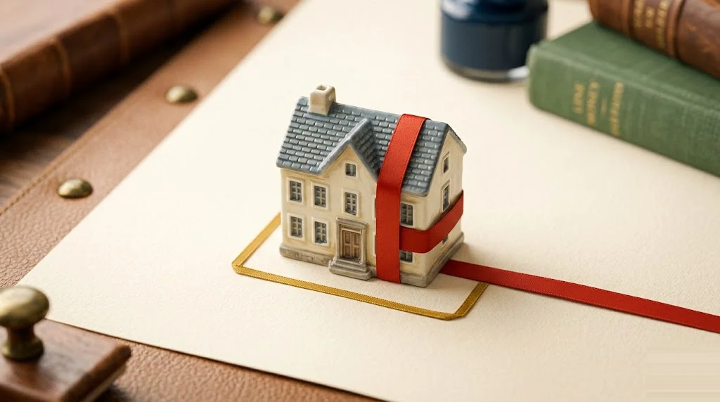 Small porcelain house figurine with a thin mustard ribbon drawn around its perimeter on the left and a bold red ribbon wrapped around the whole house on the right — HELOC versus cash-out refinance compared.