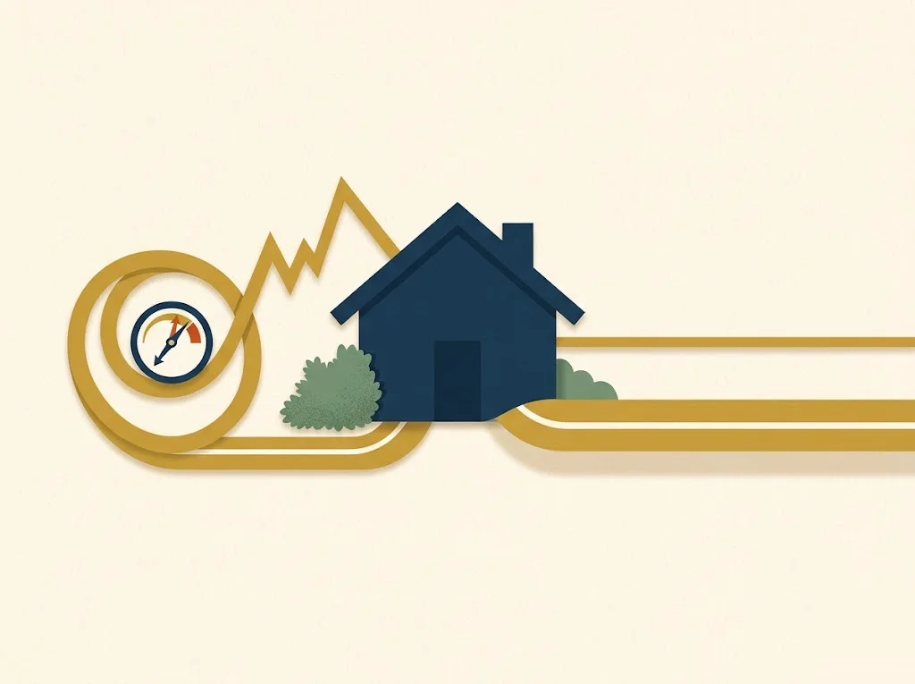 A navy house anchors two equity paths: a revolving mustard loop labeled HELOC that rises and falls with a rate dial, beside a straight fixed home equity loan road — the variable versus fixed trade-off.