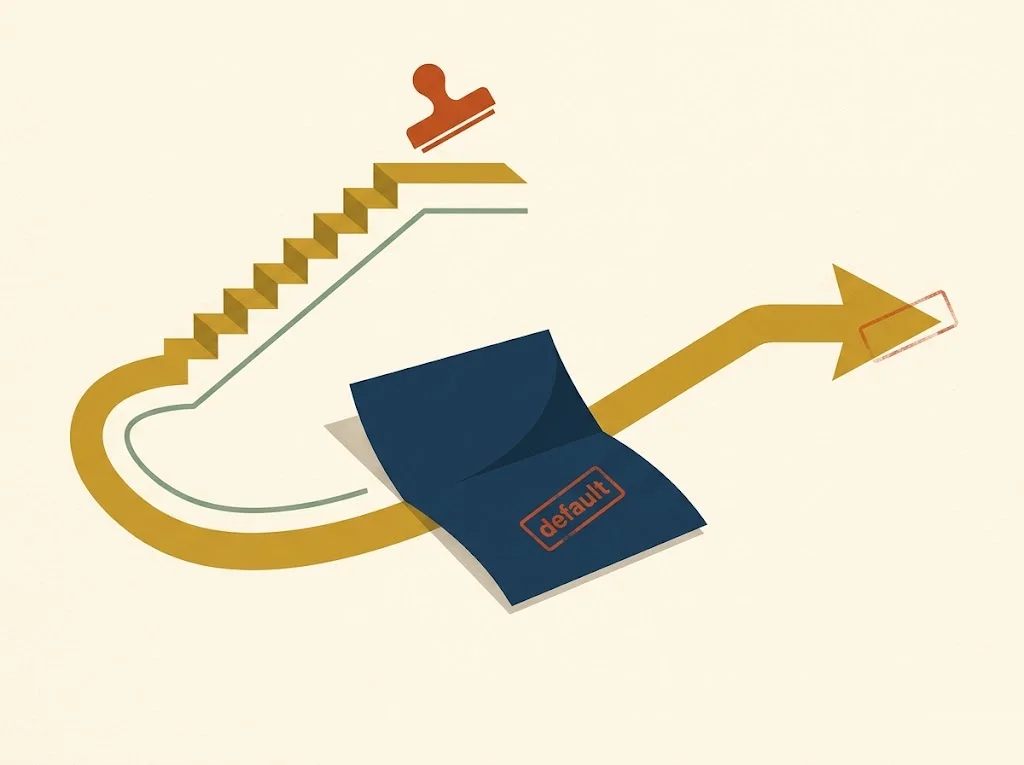 A navy student-loan document stamped default, with two mustard paths diverging — a nine-step climb that lifts the stamp clean off and a faster arrow that carries the mark along — getting out of student loan default in 2026.