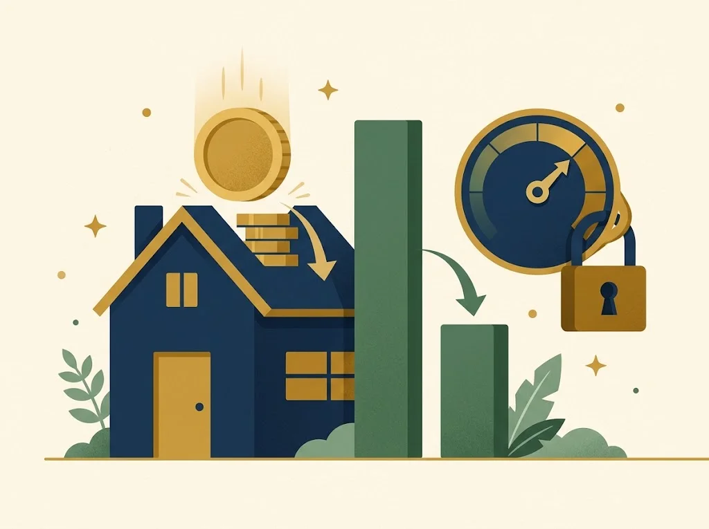 A navy house on cream paper with a gold lump-sum coin shrinking the monthly-payment bar while the interest-rate dial stays fixed — a mortgage recast lowers the payment without touching the rate.