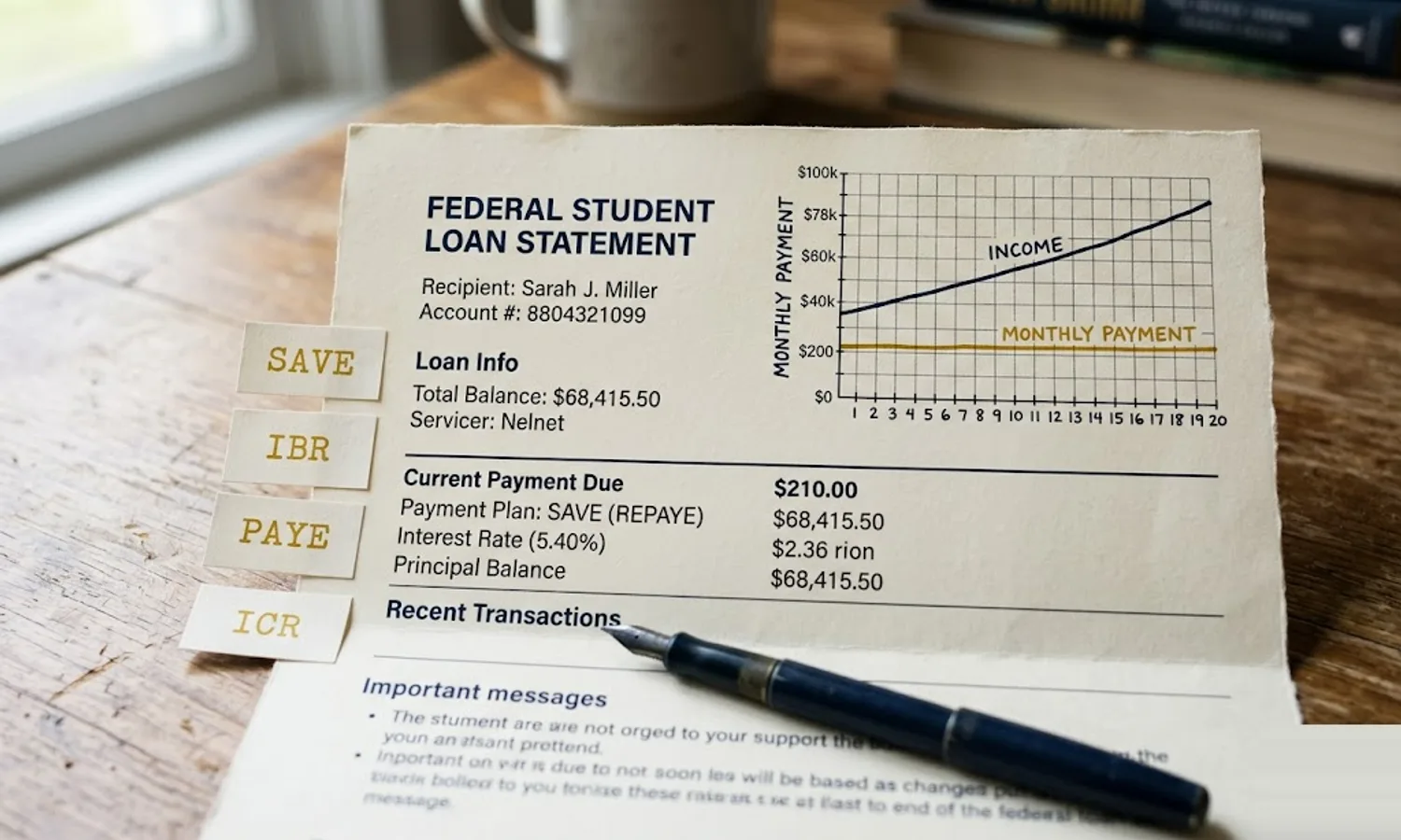 Federal student loan statement on cream paper with a hand-drawn income-versus-payment graph and SAVE, IBR, PAYE, ICR labels arranged as paper chits — income-driven repayment plans deep dive.