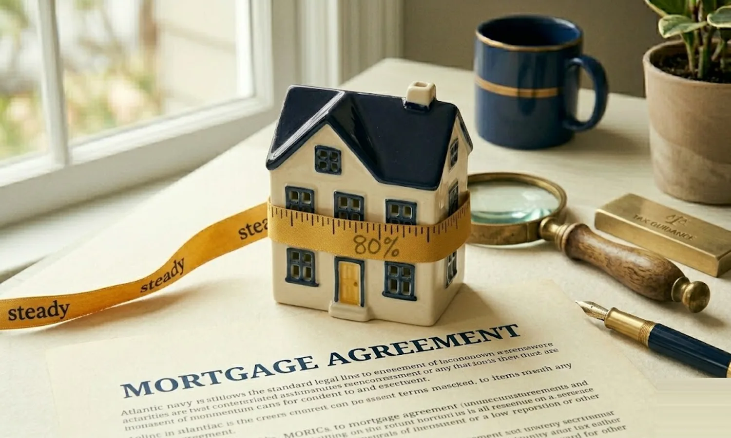 Small porcelain house on cream paper with a tape measure showing 80 percent in mustard and a mortgage document underneath — loan-to-value ratio explained.