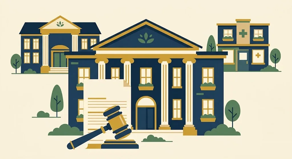 A navy courthouse facade with a gavel resting on an employment certification form, a library and a small clinic behind — the vacated PSLF employer rule and the certification form.