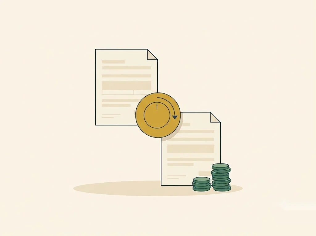 Editorial illustration of a married couple at a kitchen table holding two separate tax returns beside a RAP student-loan payment dial turning lower