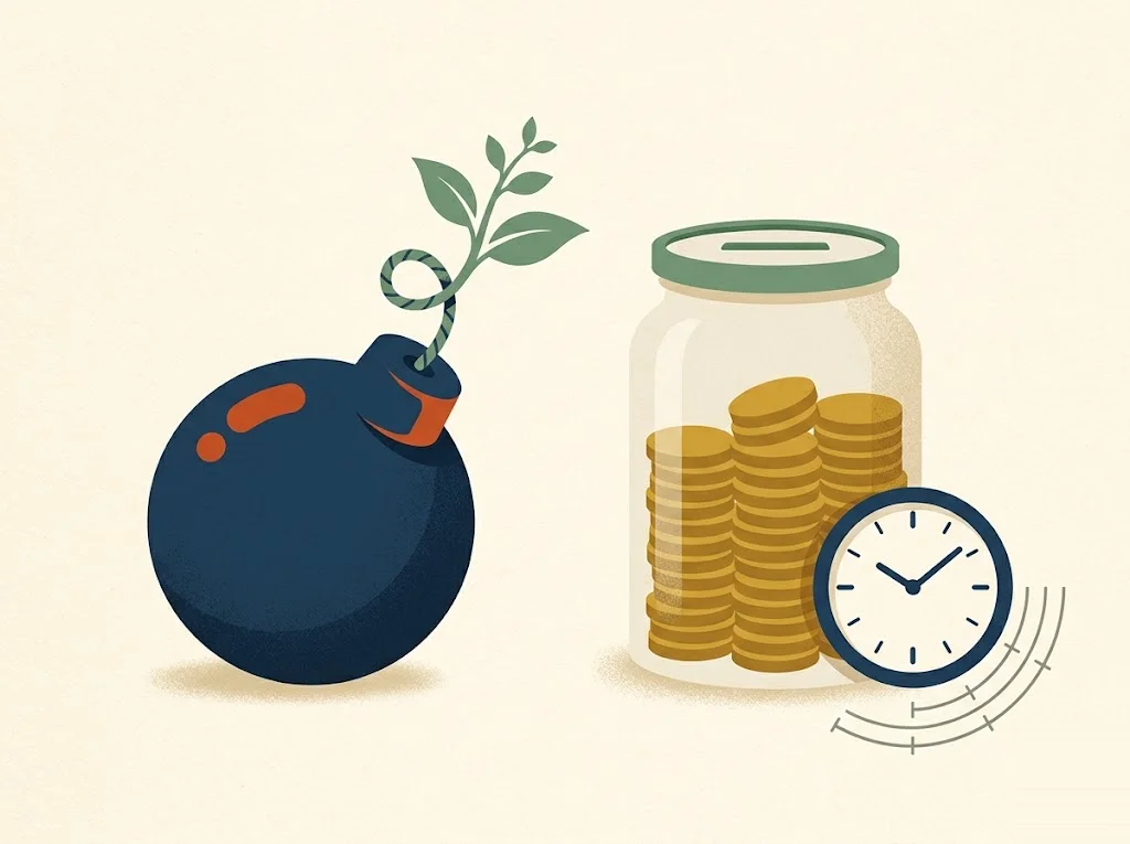 A navy bomb whose fuse ends in a green sprout beside a cream jar filling with gold coins — the student loan tax bomb on IDR forgiveness defused by a sinking fund built years ahead.