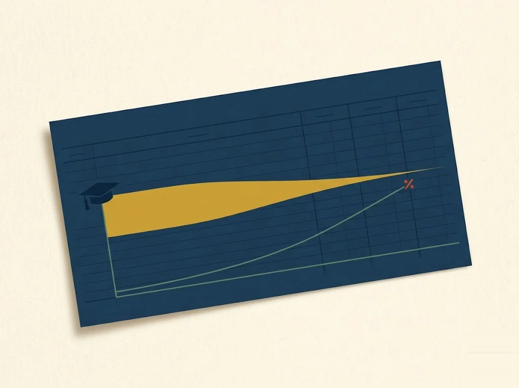 A navy ledger page where a mustard $2,500 line of student loan interest deduction narrows and fades to nothing along an income axis — the 2026 MAGI phase-out illustrated.
