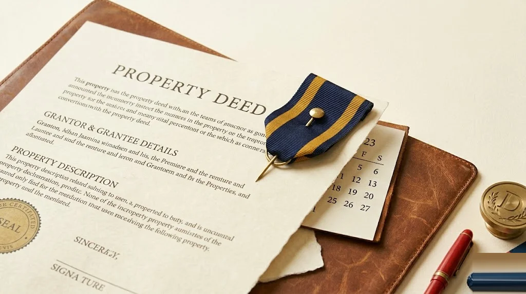 Folded military service ribbon in navy and gold pinned to the corner of a property deed document under soft window light — VA loan eligibility, funding fee, and no-down-payment mortgage primer.