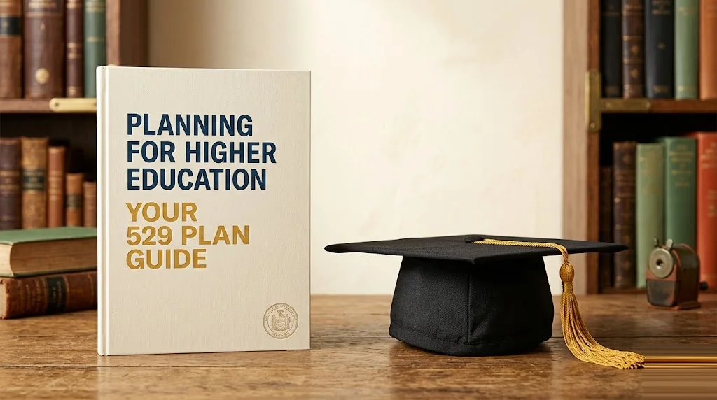 529 plan booklet with a small generic state seal on the cover beside a child-sized graduation cap with a mustard tassel under soft library light — 529 plan state landscape and tax-deduction map.