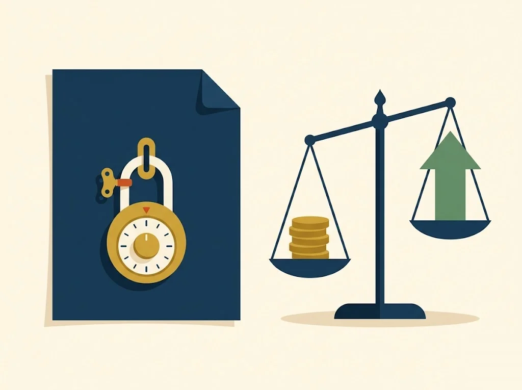 A navy certificate of deposit padlocked with a mustard timer, beside a scale weighing months of forfeited interest against a higher rate — the CD early withdrawal penalty break-even.