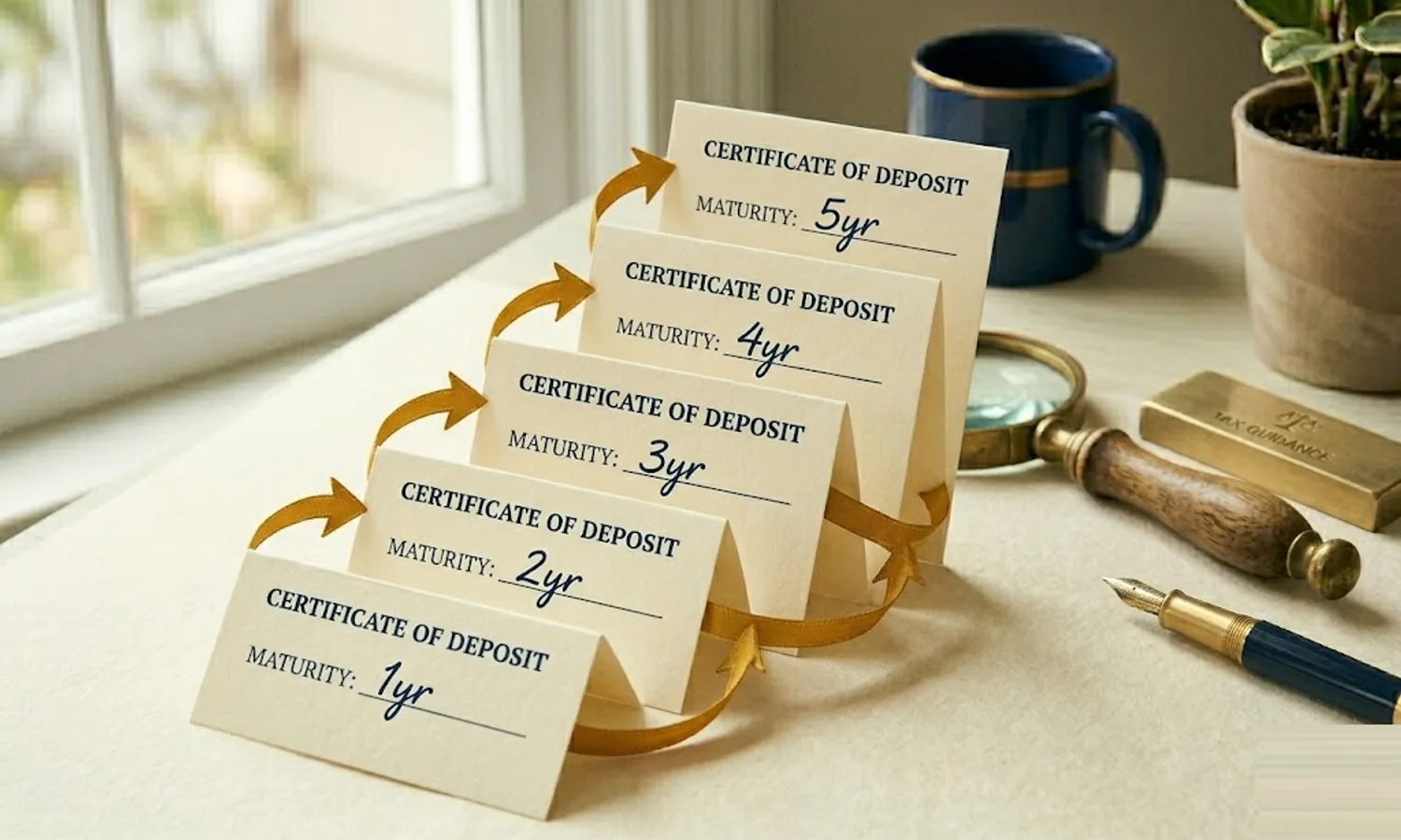 Five certificate documents arranged as ascending steps on cream paper labeled 1yr through 5yr with mustard arrows connecting each step — CD ladder mechanics.