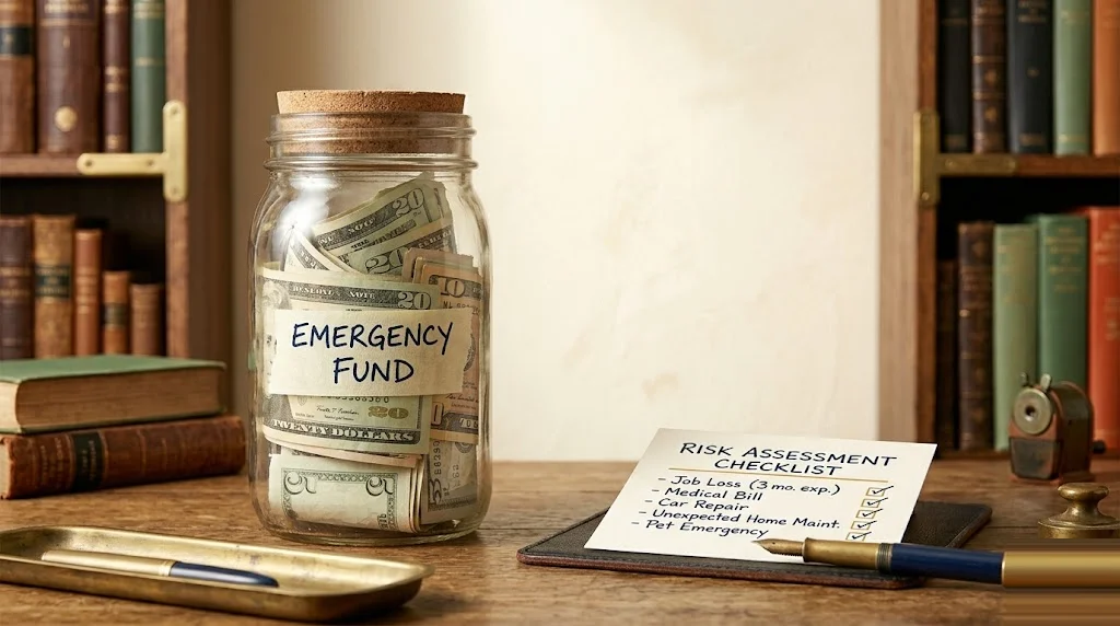 Glass mason jar half-filled with neatly folded US dollar bills labeled "Emergency Fund" in fountain-pen ink beside a hand-written risk-assessment checklist — how to size an emergency fund with math.