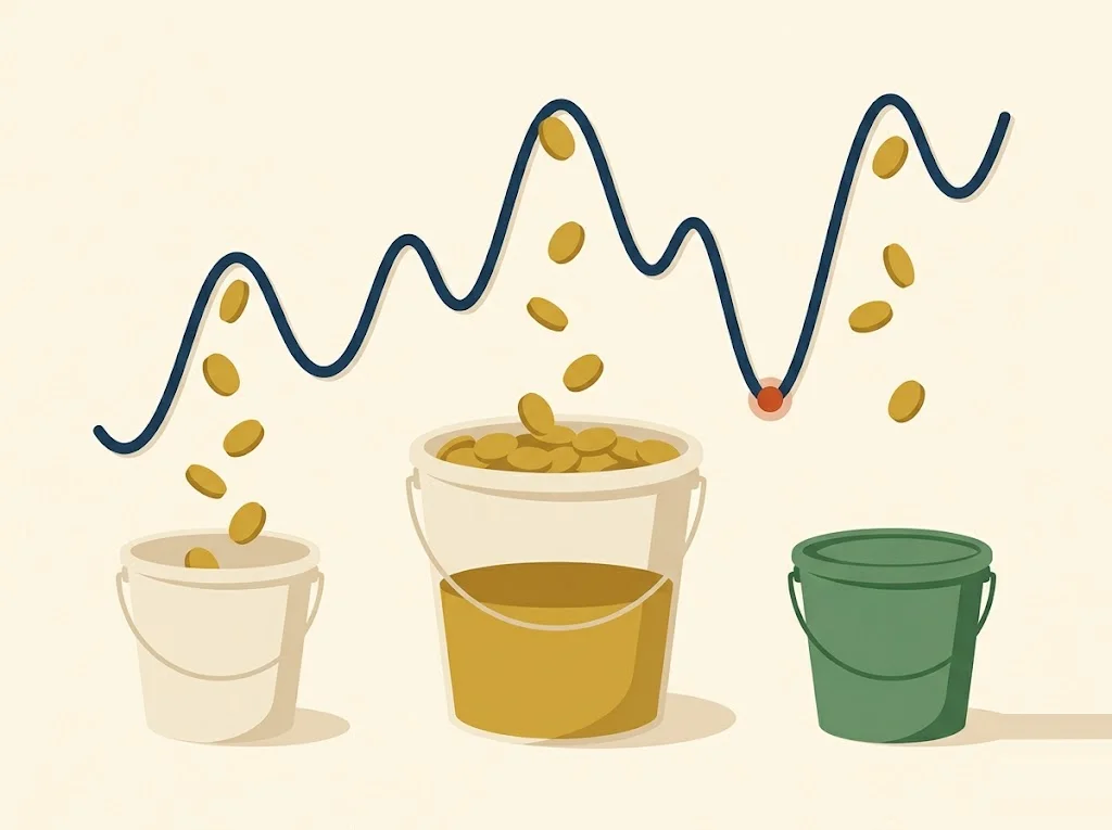 A wavering income line fills three buckets — a small operating buffer, a large emergency reservoir, and a sealed tax bucket — the three-bucket system for variable income.