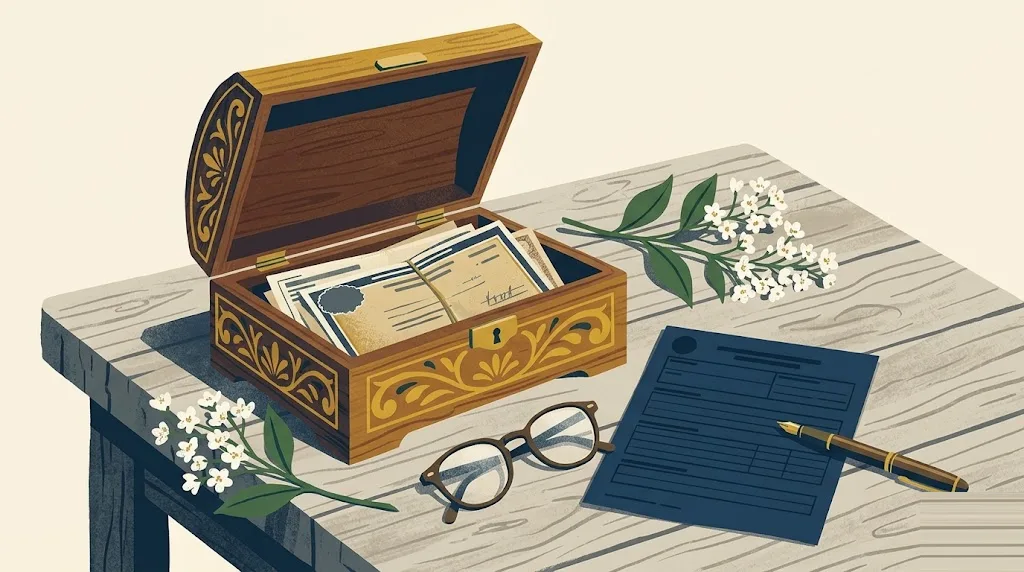 An open heirloom wooden box holding old savings bonds on a kitchen table, with reading glasses, white flowers and a navy government form with a pen — a deceased owner savings bonds settled without probate.