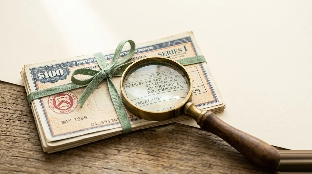 Stack of vintage U.S. Series I savings bond certificates tied with sage ribbon under a brass magnifying glass over the interest-rate text — Series I bonds inflation-protected yield explained.