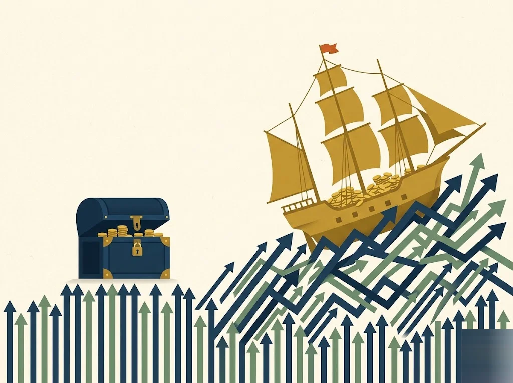 A small sealed navy strongbox and a larger mustard market ship both shelter coins from rising inflation arrows — the capped, steady I bond versus the uncapped, price-swinging TIPS.