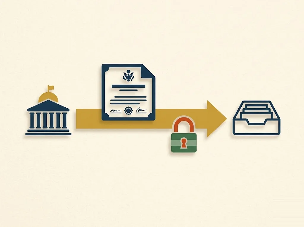 Editorial illustration of a Treasury bill moving from a government portal to a brokerage screen, representing selling a T-bill before maturity on TreasuryDirect