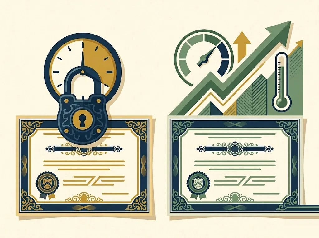 Two Treasury bond certificates on cream paper — a Series EE bond locked under a navy 20-year clock, a Series I bond beside a rising inflation dial.