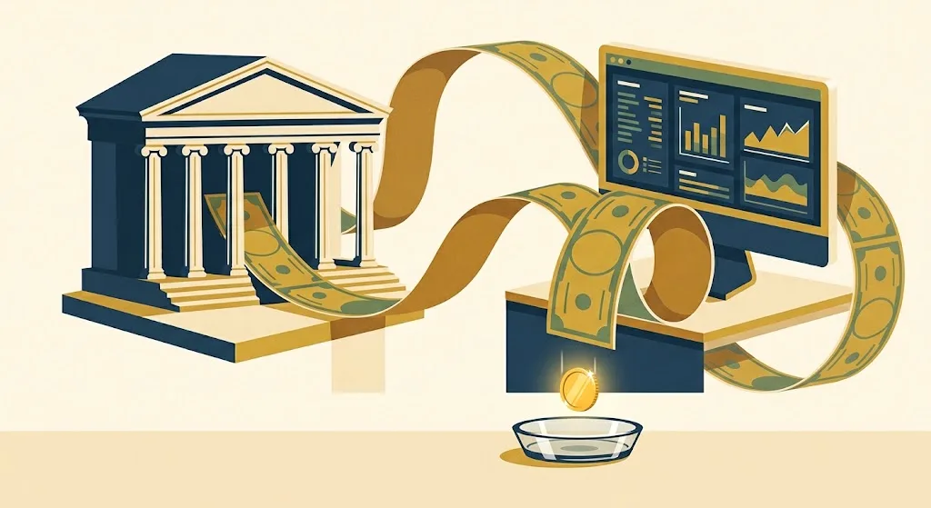 Loop of paper Treasury notes rolling like a conveyor between a government portico and a brokerage screen while a single gold coin drops into a cash tray below — how T-bill auto-roll reinvests principal but not interest.