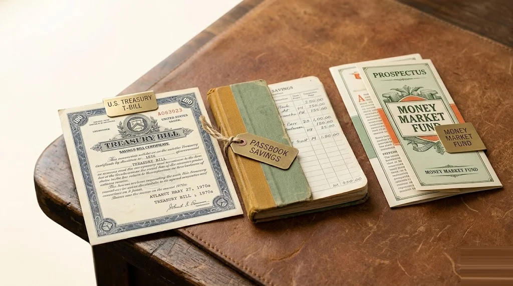 Three savings-vehicle props in a row on a leather desk pad — a vintage Treasury bill certificate, a passbook savings book, and a money-market-fund prospectus, each brass-tagged — T-bills vs HYSA vs money market funds compared.