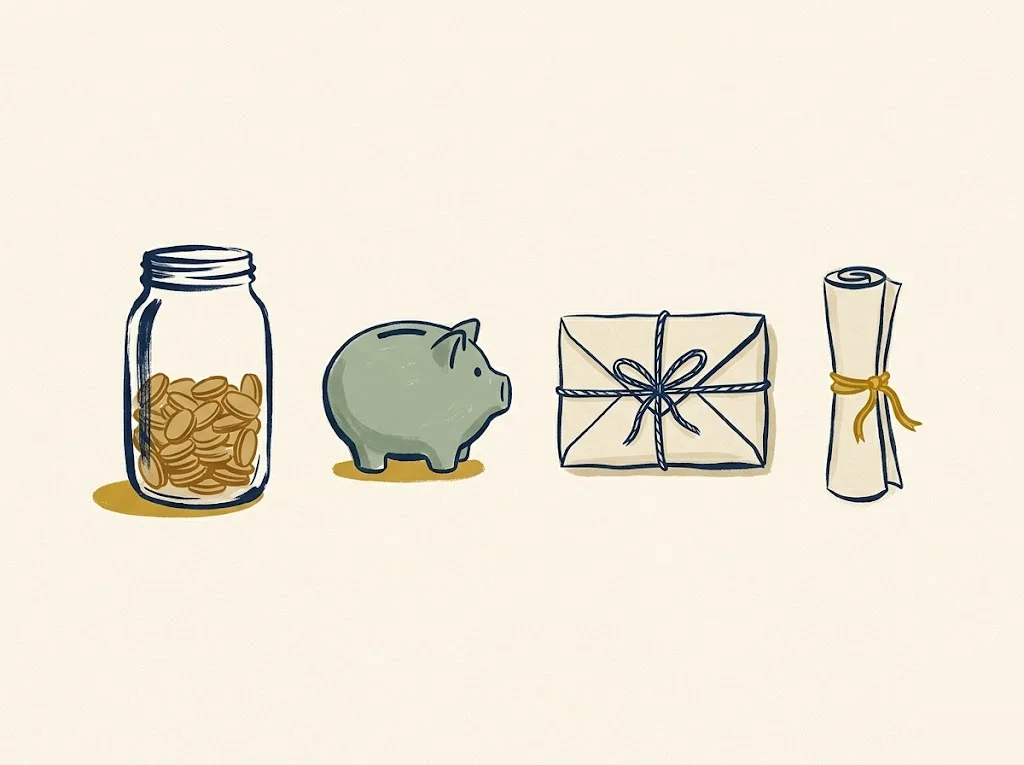 Four savings vessels in a row on paper-cream — a coin-filled glass jar, a sage piggy bank, a twine-tied envelope, and a Treasury scroll with mustard ribbon — where your dollars actually earn: HYSA, CDs, money market, T-bills.
