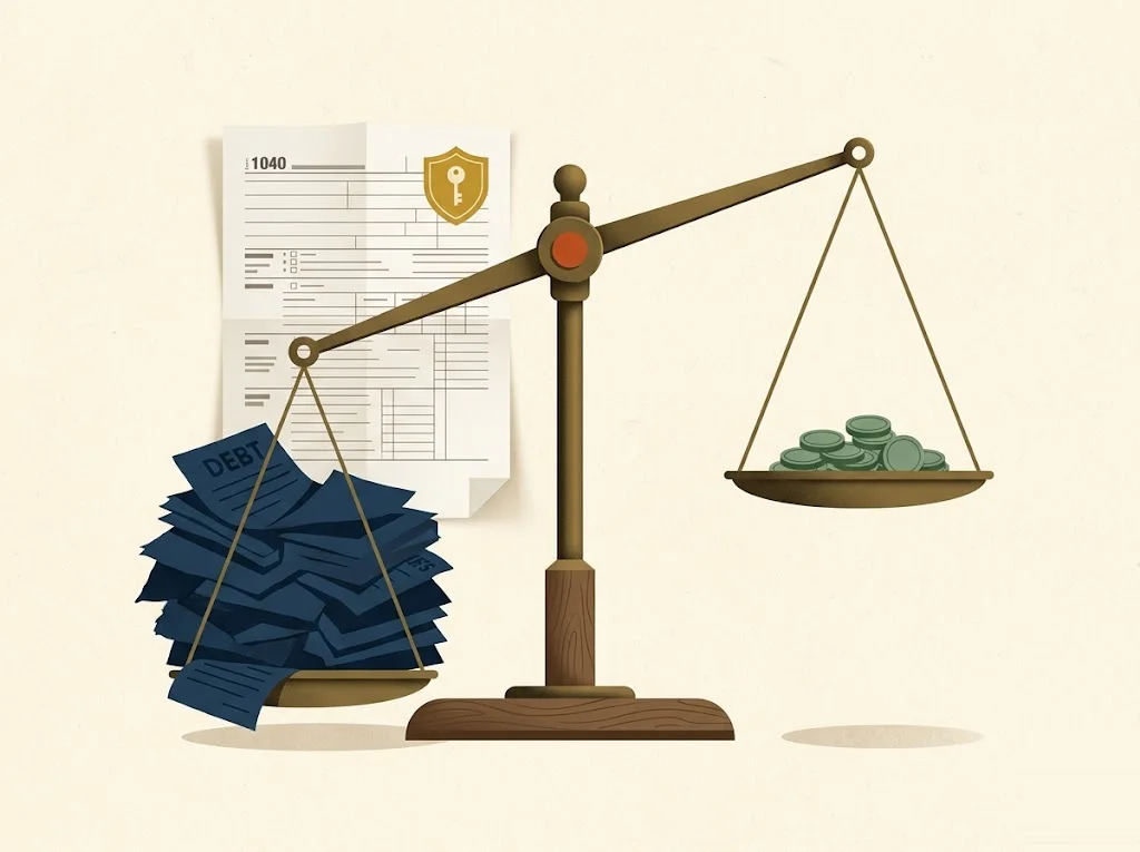 A balance scale tipping toward a stack of navy debt papers over a few sage asset coins, beside a tax form with a gold shield seal — a 1099-C for canceled debt and the Form 982 insolvency exclusion.