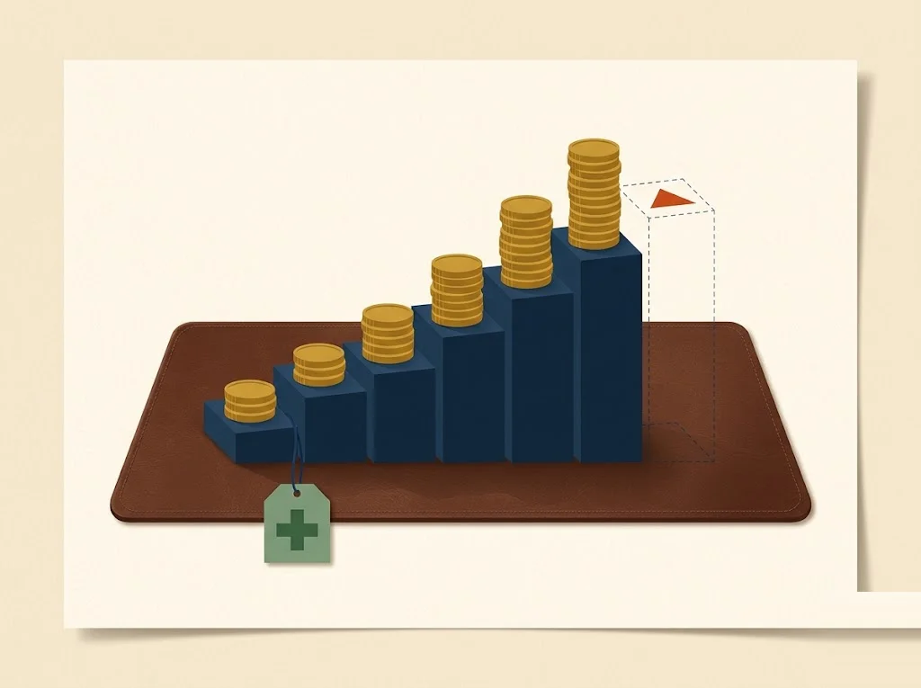 Editorial illustration of the 2027 Medicare IRMAA income-related surcharge projected from confirmed 2026 brackets, set by a two-year MAGI lookback to 2025 income