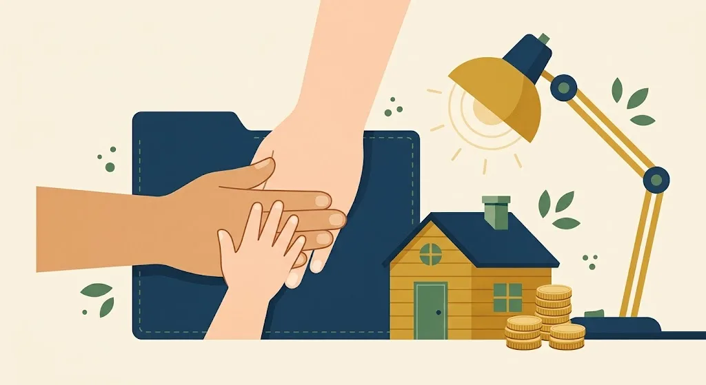 Two adult hands and a child hand resting together on a navy folder next to a small wooden house and a stack of gold coins under a desk lamp — the adoption tax credit for 2027 and the 2026 Form 8839.