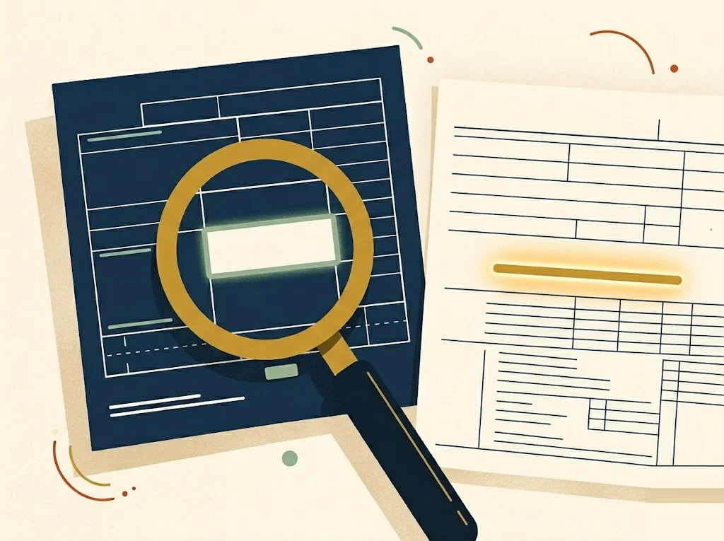 A magnifying glass over a navy W-2 form finds no AGI, while one line of the Form 1040 beside it glows mustard gold — adjusted gross income lives on the tax return, not the wage statement.